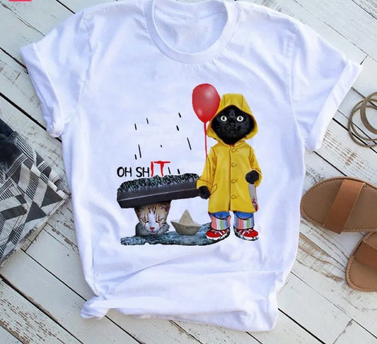 Funny Black Cat Print T-shirt Happy Phoenix