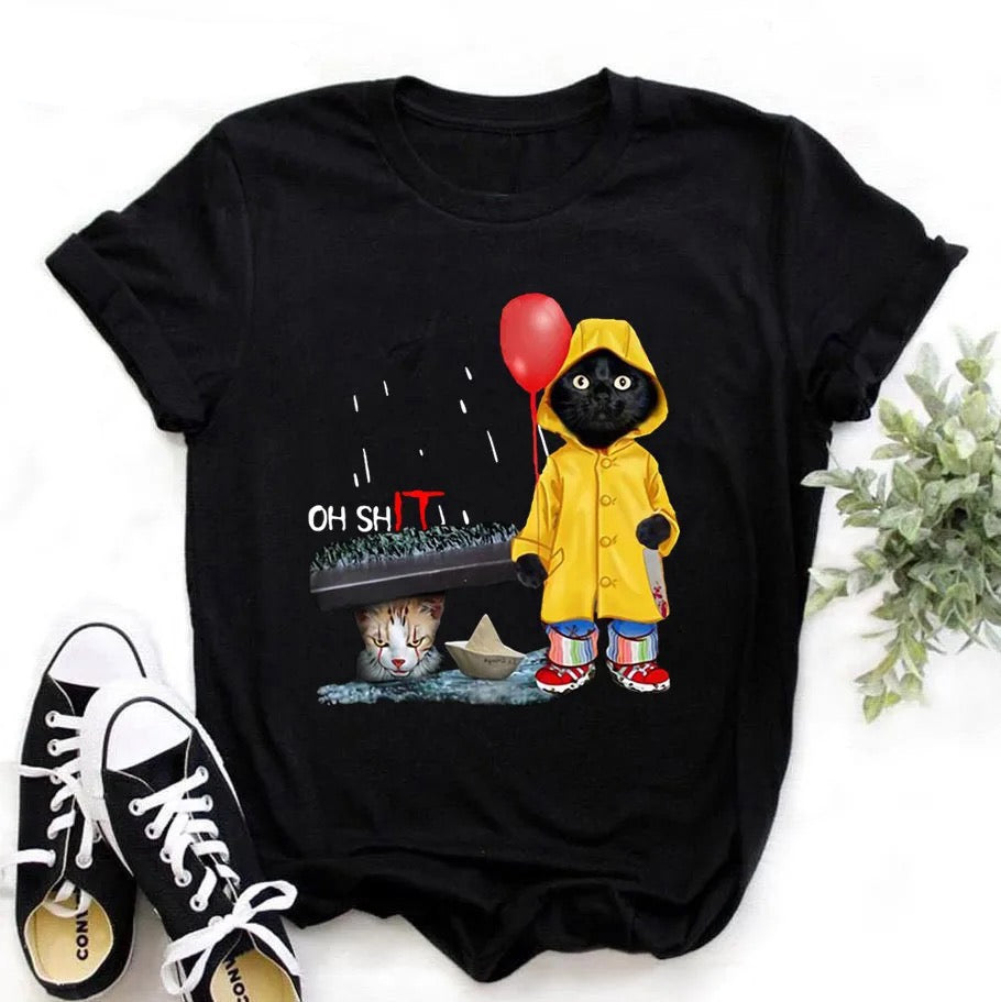 Funny Black Cat Print T-shirt Happy Phoenix