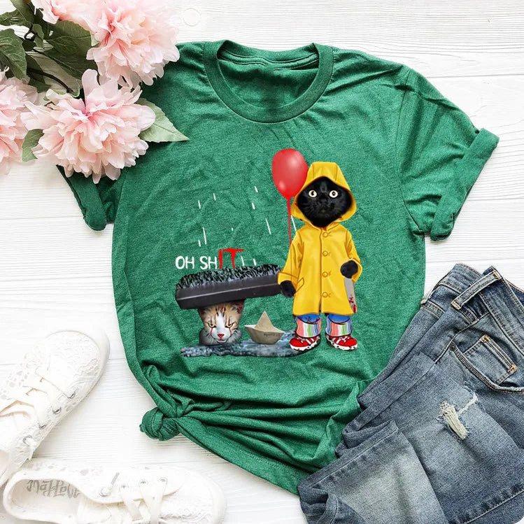 Funny Black Cat Print T-shirt Happy Phoenix