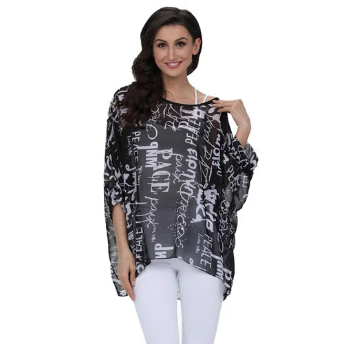 Batwing Sleeve Letters Print Blouse Happy Phoenix