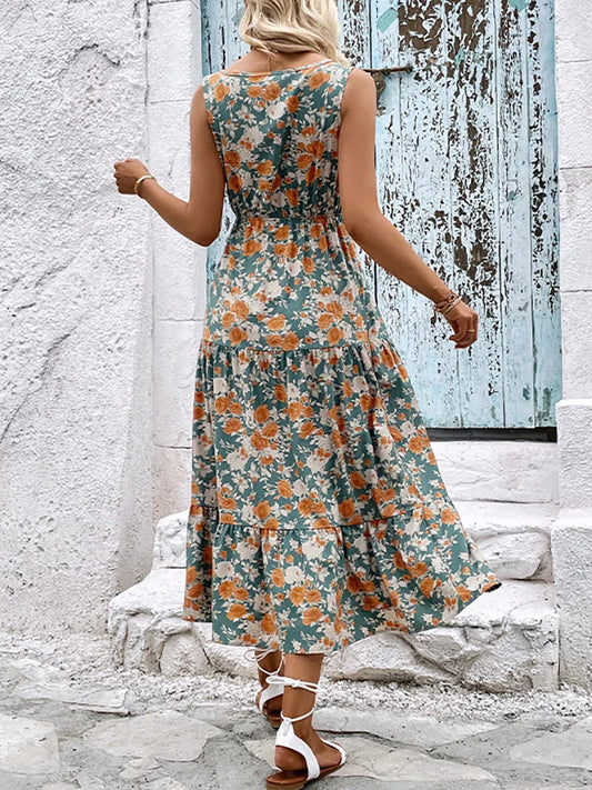 Casual Sleeveless V-Neck Floral Ruffle Beach Dress Happy Phoenix
