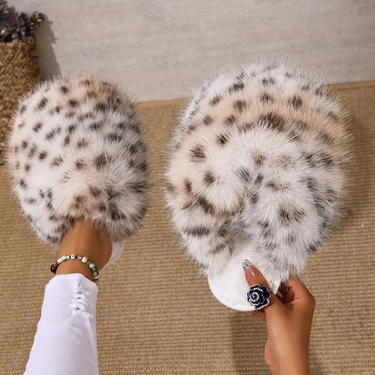 Warm Faux Fur Leopard Print Fluffy Slippers Happy Phoenix