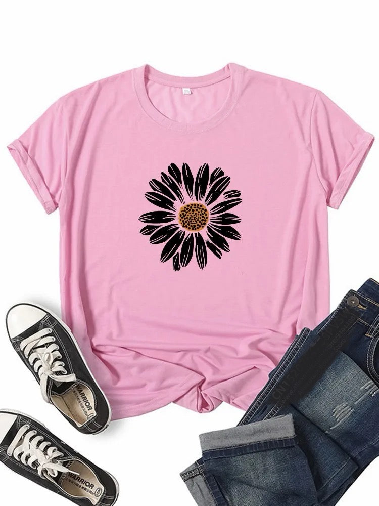 Graphic Flower Print Summer Casual T-shirt Happy Phoenix