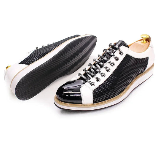 Men’s Luxury Patent Leather Sneakers – Black & White Lace-Up Happy Phoenix