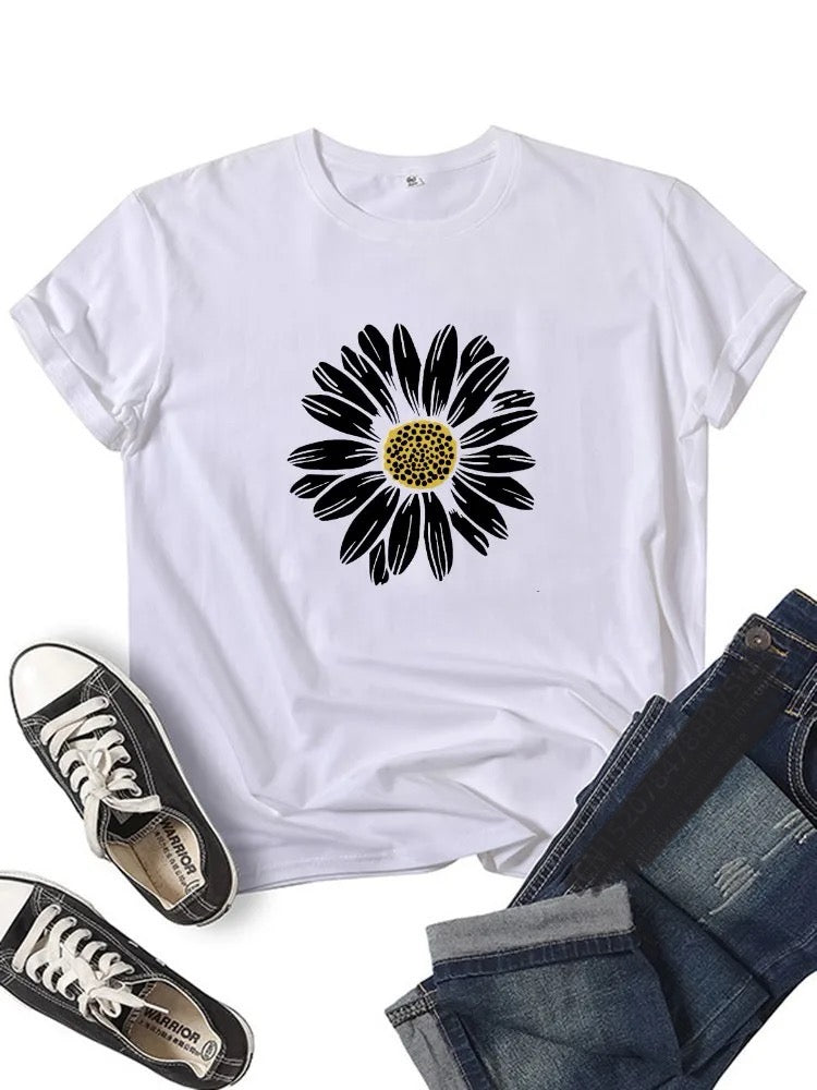 Graphic Flower Print Summer Casual T-shirt Happy Phoenix