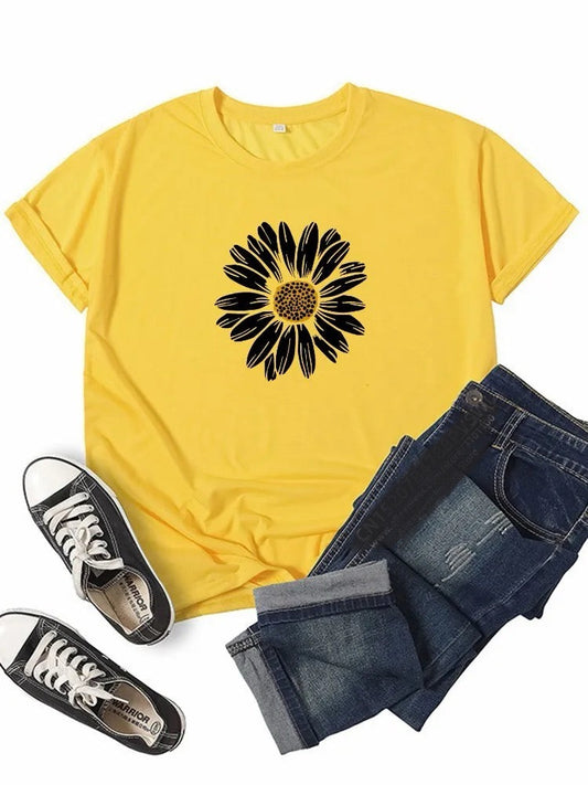 Graphic Flower Print Summer Casual T-shirt Happy Phoenix