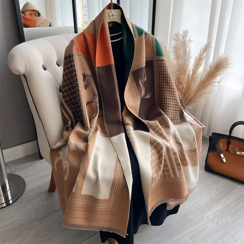 Luxury Warm Horse Print Cashmere Poncho Happy Phoenix