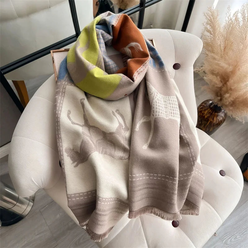 Luxury Warm Horse Print Cashmere Poncho Happy Phoenix