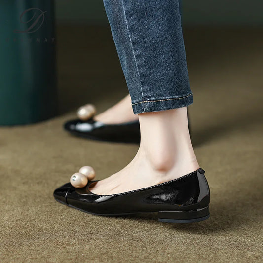 Leather Two Pearls Office Flats