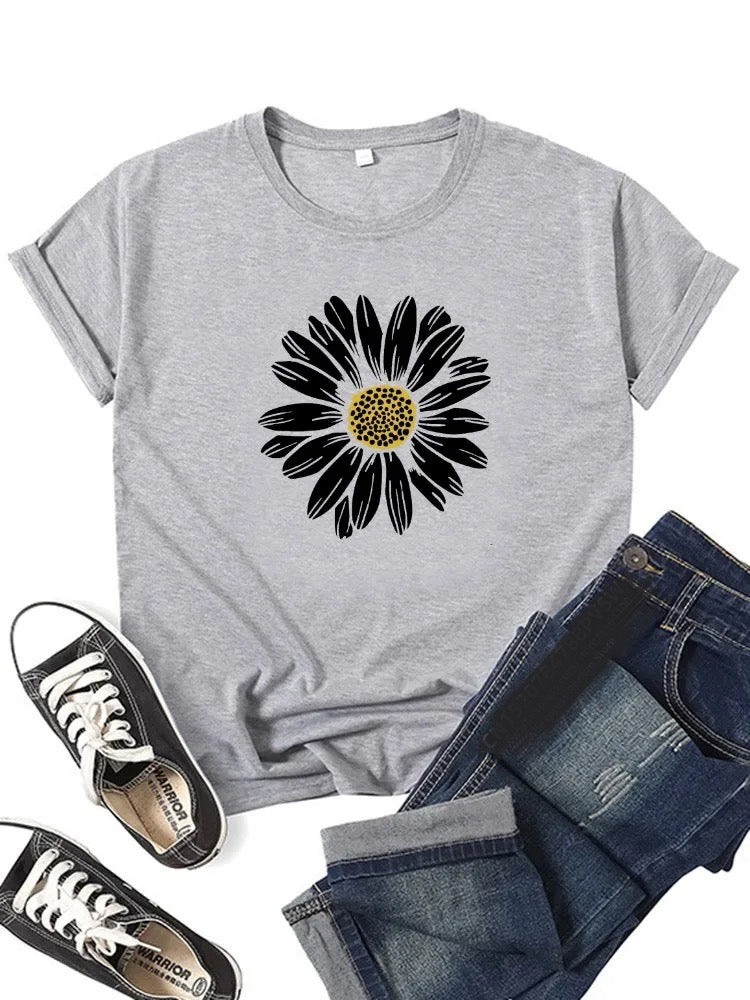 Graphic Flower Print Summer Casual T-shirt Happy Phoenix