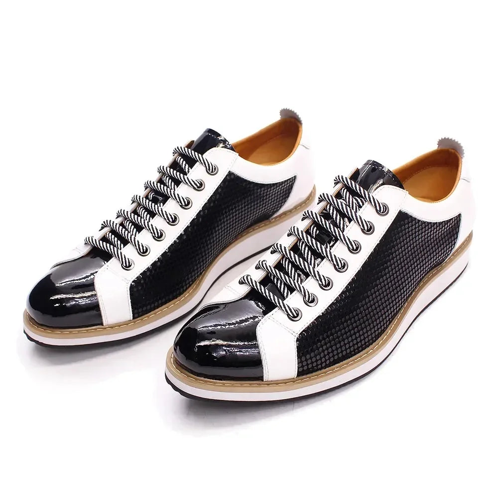 Men’s Luxury Patent Leather Sneakers – Black & White Lace-Up Happy Phoenix