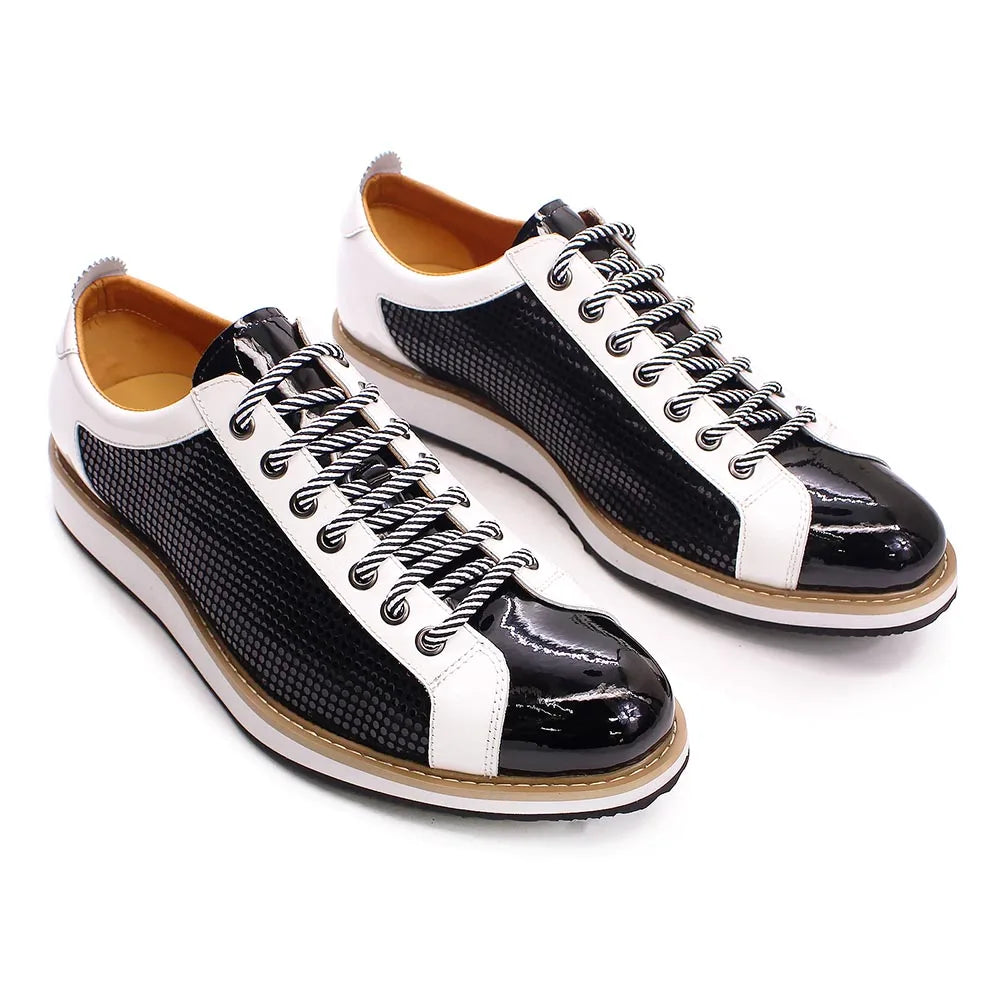 Men’s Luxury Patent Leather Sneakers – Black & White Lace-Up Happy Phoenix