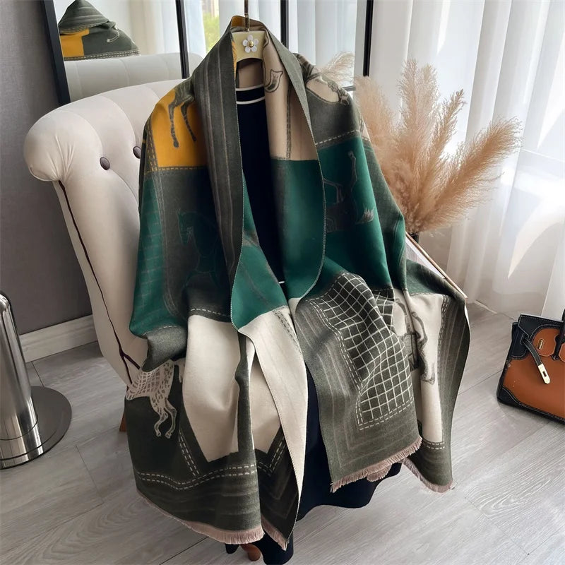Luxury Warm Horse Print Cashmere Poncho Happy Phoenix