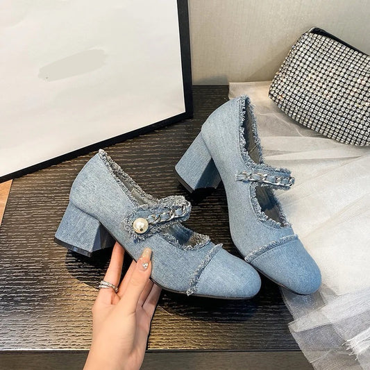 Vintage Chunky Denim Designer High Heels Happy Phoenix