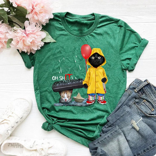 Funny Black Cat Print T-shirt Happy Phoenix