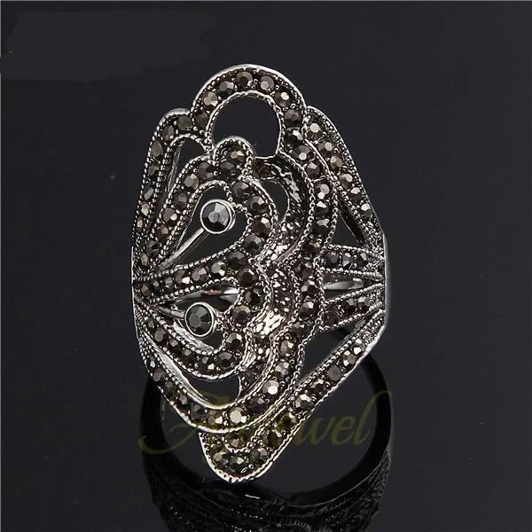 Designer Hollow Ring with Black Rhinestones Happy Phoenix
