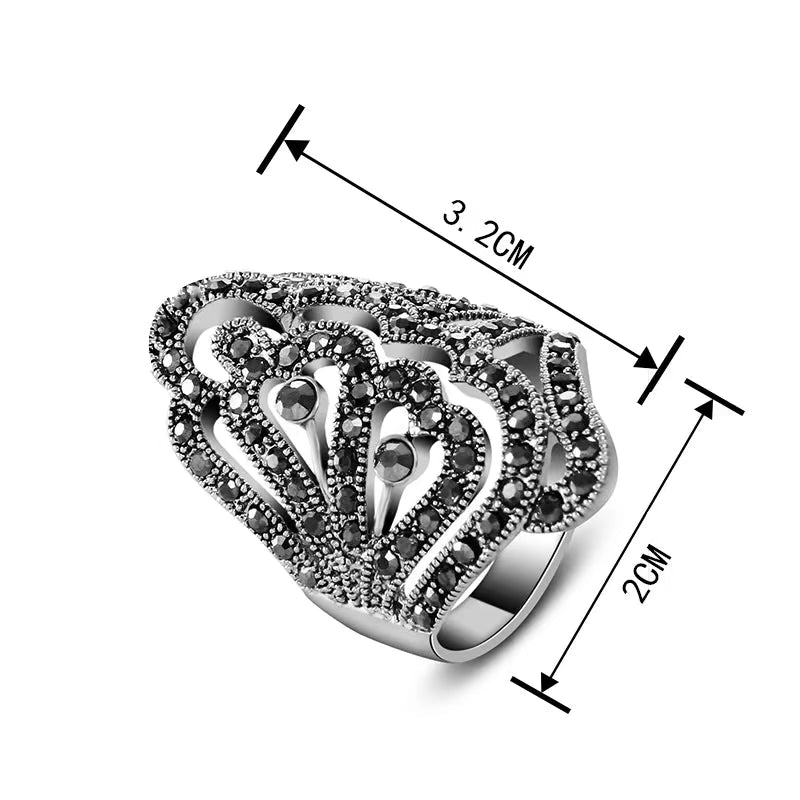 Designer Hollow Ring with Black Rhinestones Happy Phoenix