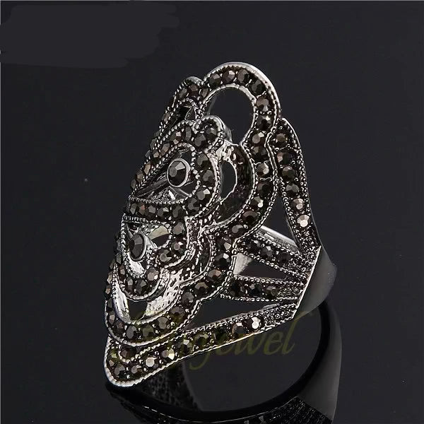 Designer Hollow Ring with Black Rhinestones Happy Phoenix