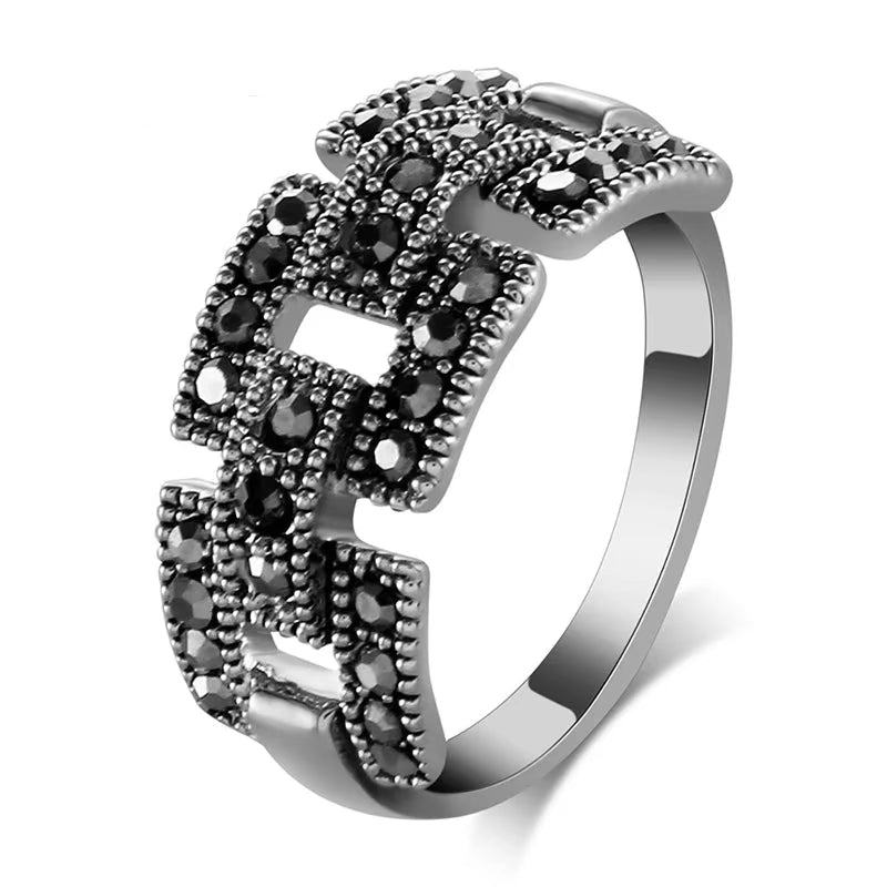 Retro Black CZ Link Ring for Women Happy Phoenix