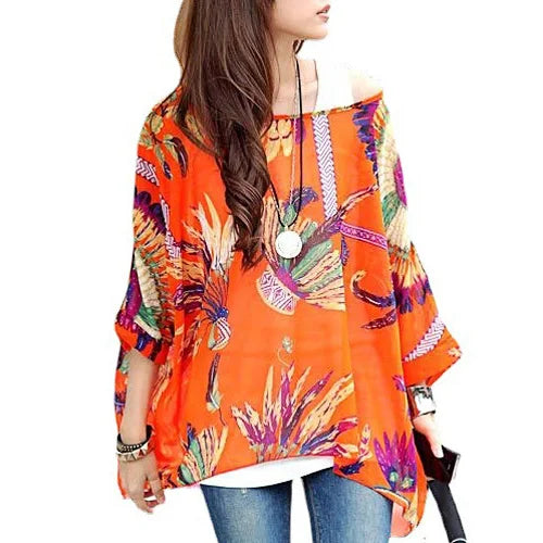 Women's Boho Floral Chiffon Blouse Happy Phoenix