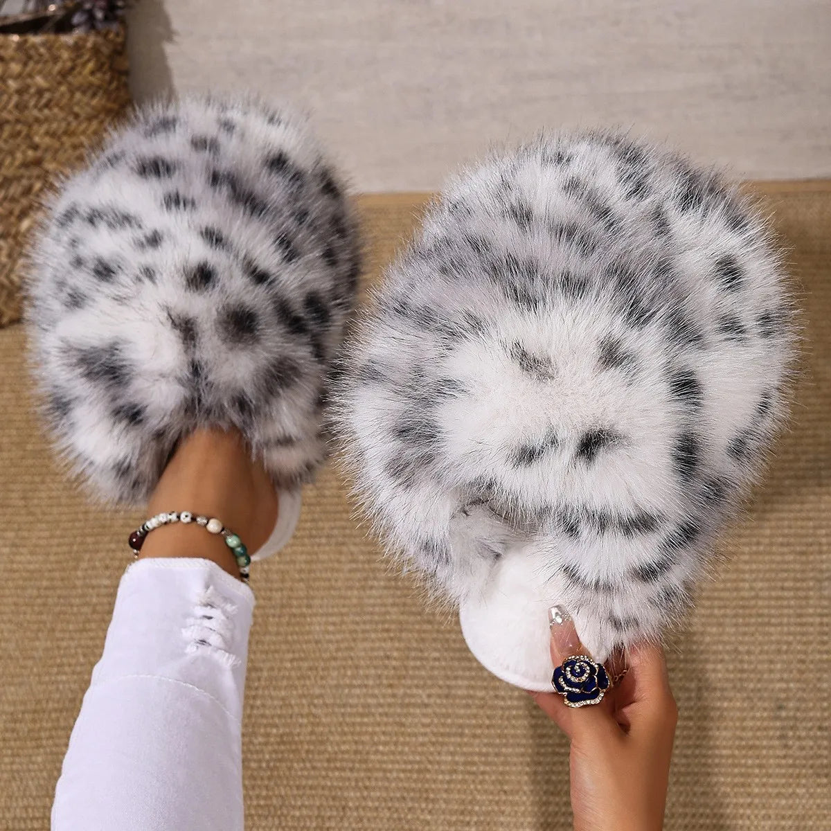 Warm Faux Fur Leopard Print Fluffy Slippers Happy Phoenix
