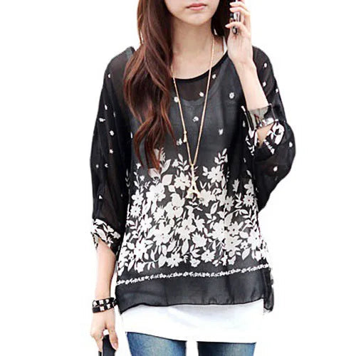Floral Print Batwing Sleeve Top Happy Phoenix