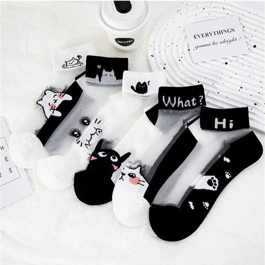 Black and White Cat Breathable Short Socks Happy Phoenix
