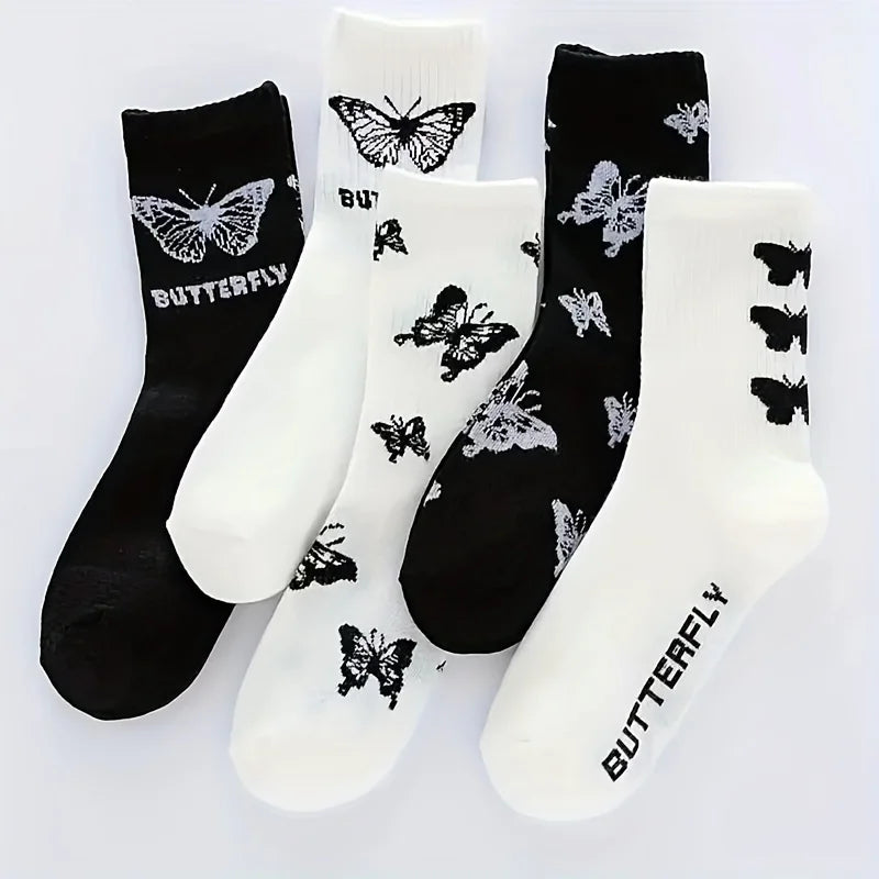 Mid Length Black And White With Butterfly Pattern Stockings Happy Phoenix