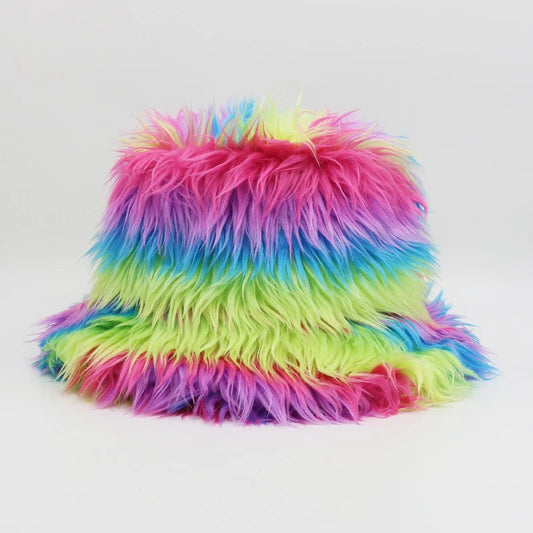 Rainbow Faux Fur Bucket Fluffy Hat Happy Phoenix