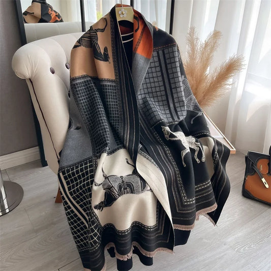 Luxury Warm Horse Print Cashmere Poncho Happy Phoenix