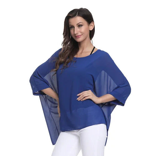 Casual Blue Off Shoulder Chiffon Blouse Happy Phoenix