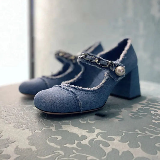 Vintage Chunky Denim Designer High Heels Happy Phoenix