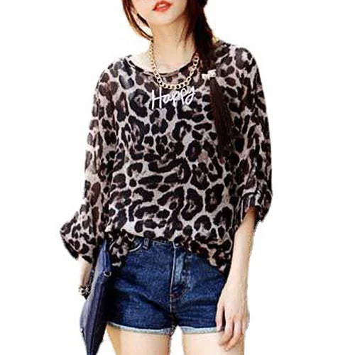 Women's Leopard Print Chiffon Long Sleeve Top Happy Phoenix