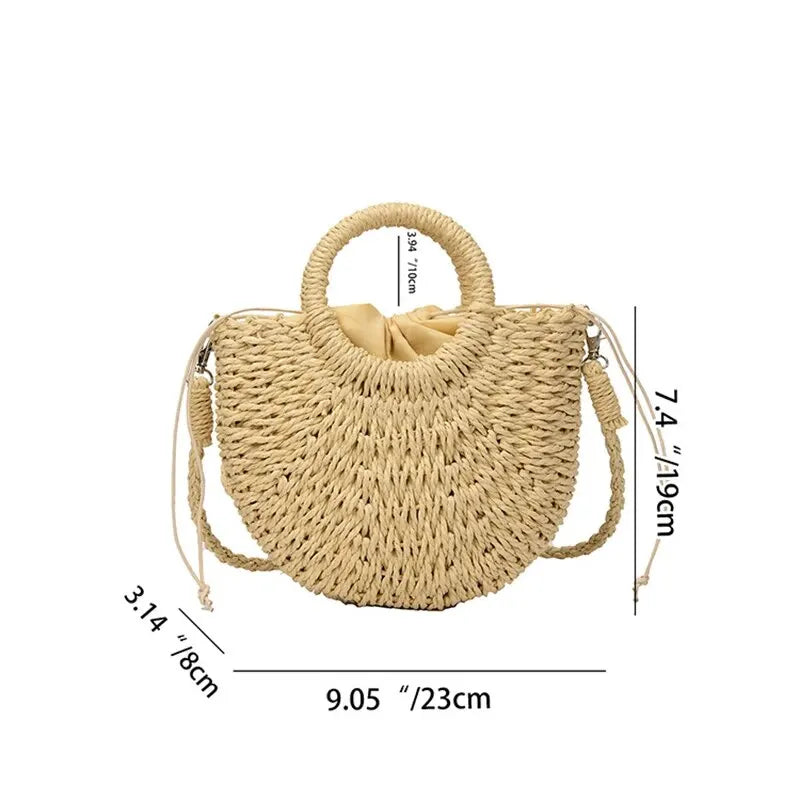 Handwoven Straw Rattan Half-Moon Beach Bag Happy Phoenix