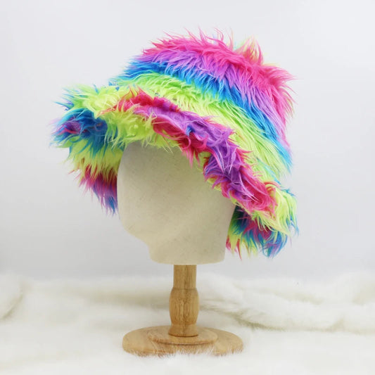 Rainbow Faux Fur Bucket Fluffy Hat Happy Phoenix