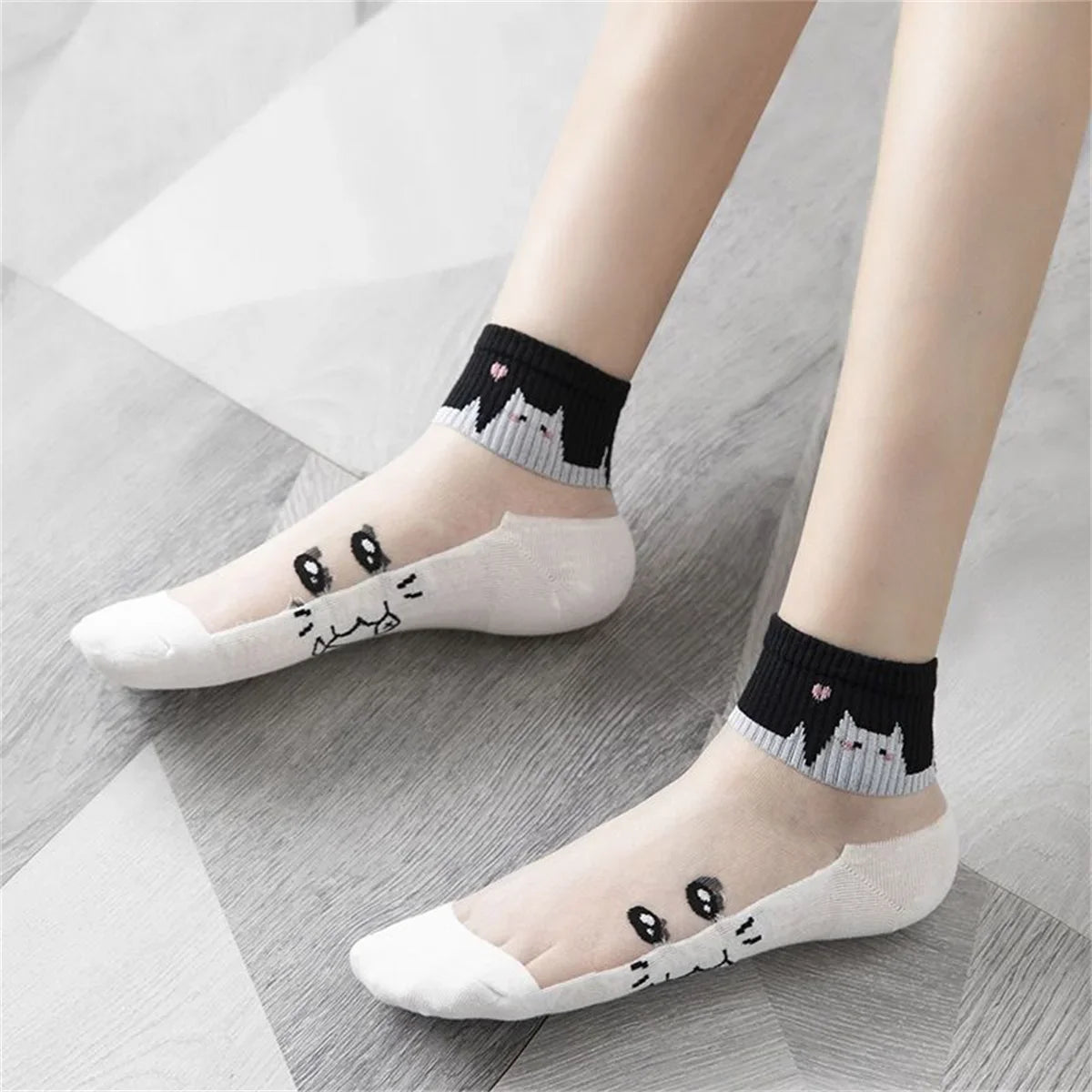 Black and White Cat Breathable Short Socks Happy Phoenix