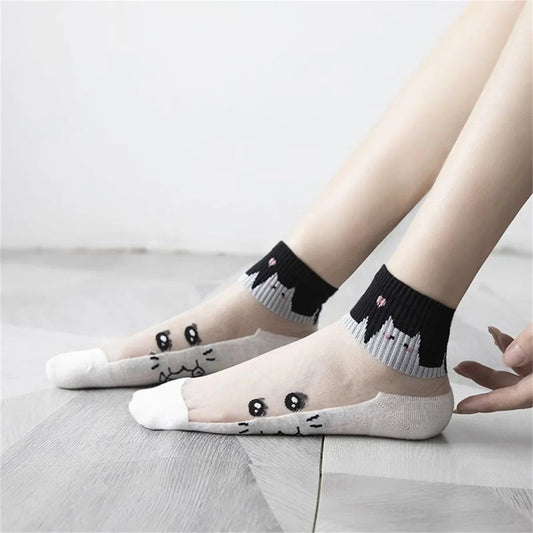 Black and White Cat Breathable Short Socks Happy Phoenix