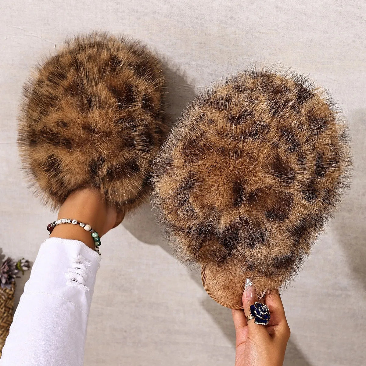 Warm Faux Fur Leopard Print Fluffy Slippers Happy Phoenix