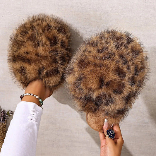 Warm Faux Fur Leopard Print Fluffy Slippers Happy Phoenix