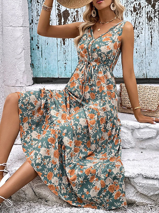 Casual Sleeveless V-Neck Floral Ruffle Beach Dress Happy Phoenix
