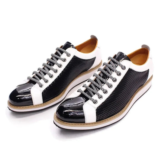 Men’s Luxury Patent Leather Sneakers – Black & White Lace-Up Happy Phoenix