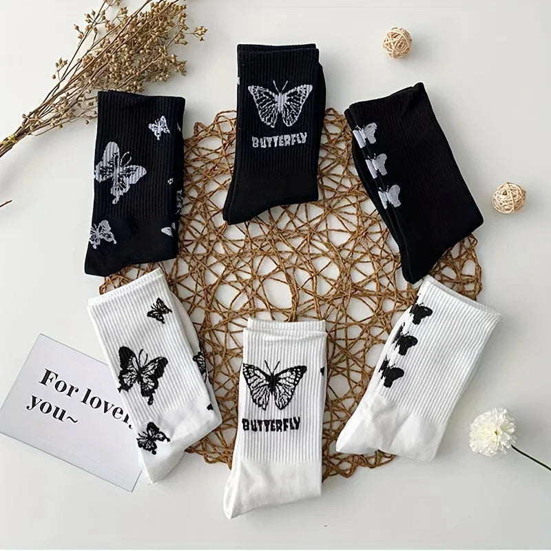 Mid Length Black And White With Butterfly Pattern Stockings Happy Phoenix
