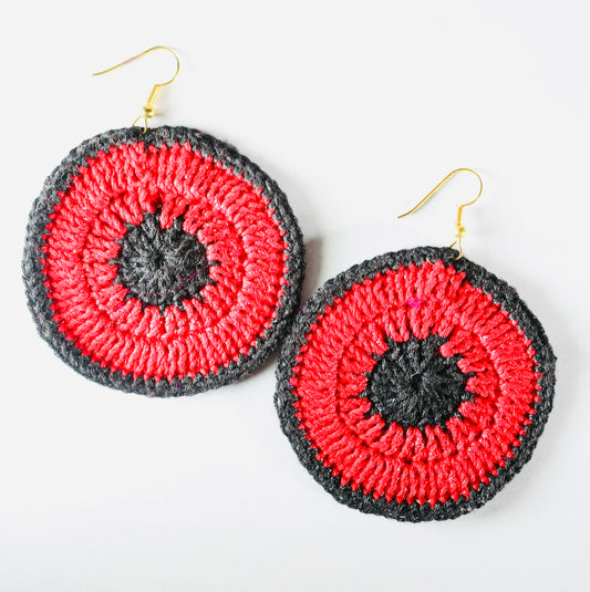Red and Black Crochet Wheel Earrings